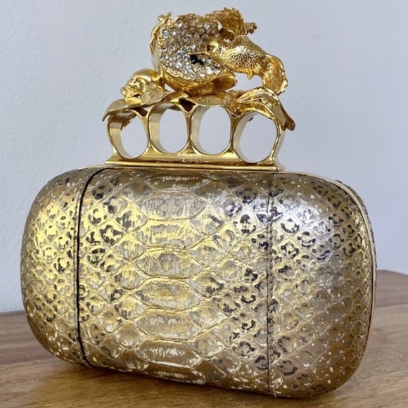 Alexander McQueen Handbags - Alexander McQueen Gold Python Hummingbird Pave Crystal Skull Knuckle-box Clutch